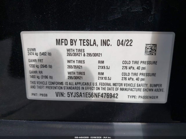 2022 TESLA MODEL S 5YJSA1E56NF476942 Photo 8