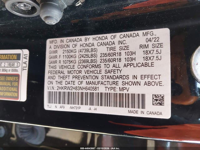 Aukcja sprzedaży 2022 Honda Cr-v Awd Ex-l, vin: 2HKRW2H83NH640581, numer aukcji: 44543867
