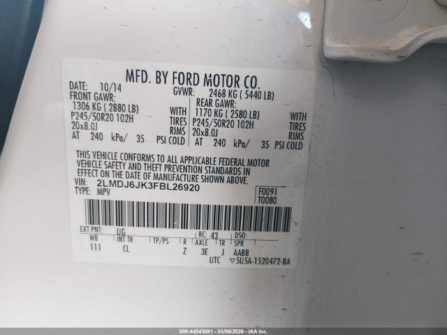 44543881 :رقم المزاد ، 2LMDJ6JK3FBL26920 vin ، 2015 Lincoln Mkx مزاد بيع