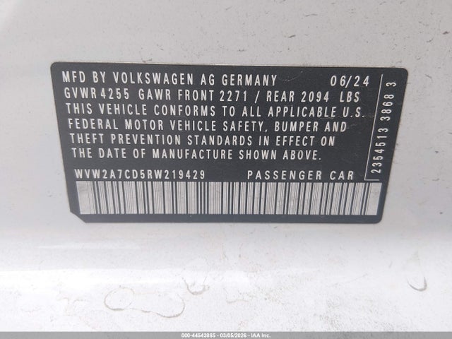 44543885 :رقم المزاد ، WVW2A7CD5RW219429 vin ، 2024 Volkswagen Golf Gti 2.0t 380 Se مزاد بيع
