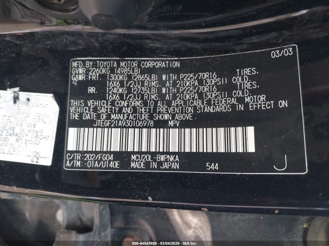 Продаж на аукціоні авто 2003 Toyota Highlander V6, vin: JTEGF21A930106978, номер лоту: 44543908