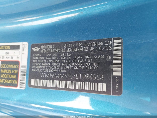 2008 MINI COOPER S CLUBMAN WMWMM33578TP89558 Photo 8