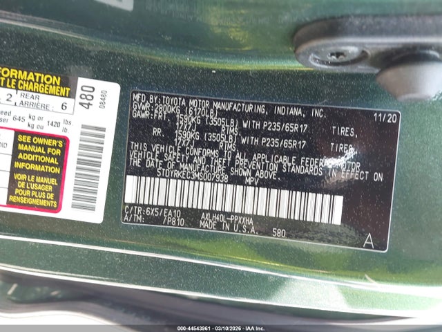 Aukcja sprzedaży 2021 Toyota Sienna Xle, vin: 5TDYRKEC3MS007938, numer aukcji: 44543961