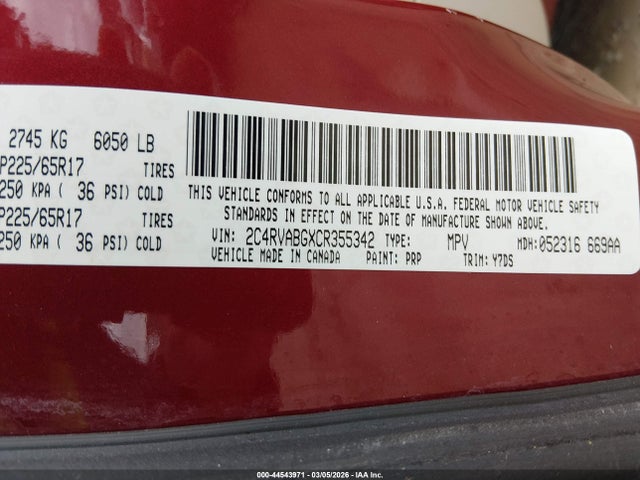 44543971 :رقم المزاد ، 2C4RVABGXCR355342 vin ، 2012 Volkswagen Routan Se مزاد بيع