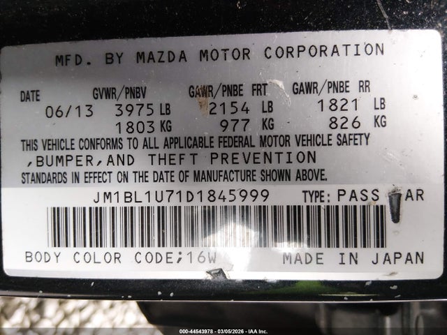 44543978 :رقم المزاد ، JM1BL1U71D1845999 vin ، 2013 Mazda Mazda3 I Sport مزاد بيع