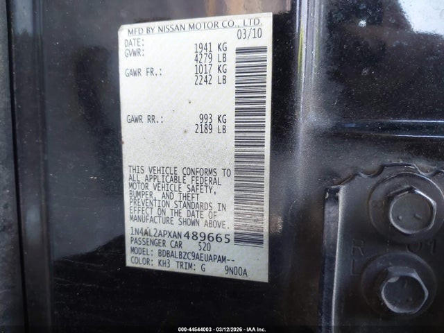 Продажа на аукционе авто 2010 Nissan Altima 2.5 S, vin: 1N4AL2APXAN489665, номер лота: 44544003