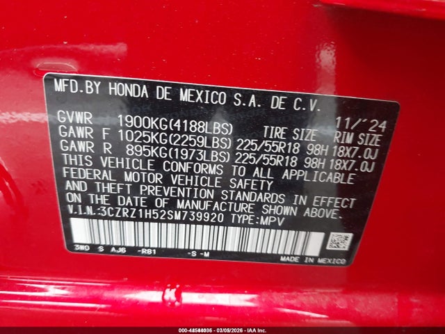 3CZRZ1H52SM739920 Honda Hr-v 2wd Sport