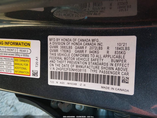 Honda Civic Sport 2022 2HGFE2F50NH538115 Image 9