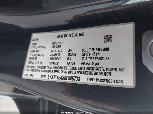 Auction sale of the 2025 Tesla Model 3 Long Range Rear-wheel Drive/standard Rear-wheel Drive, vin: 5YJ3E1EA3SF986733, lot number: 44544073