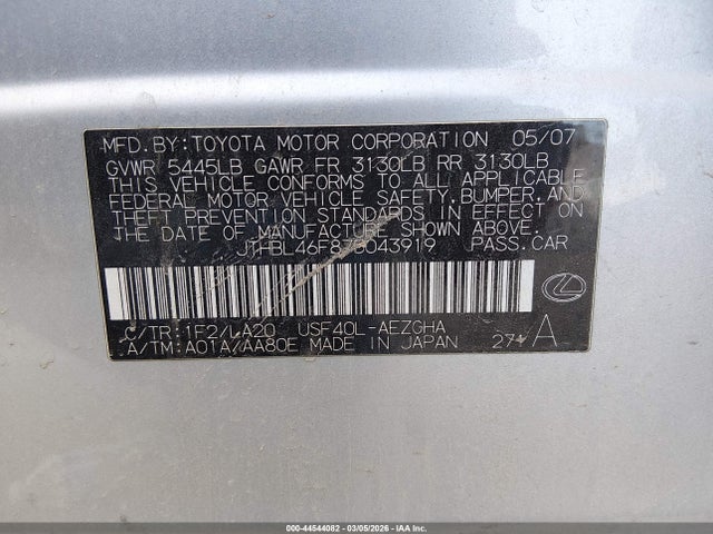 Продаж на аукціоні авто 2007 Lexus Ls 460, vin: JTHBL46F875043919, номер лоту: 44544082