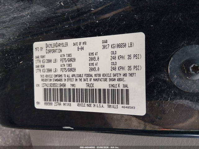2005 Dodge Ram 1500 Slt/laramie მანქანა იყიდება აუქციონზე, vin: 1D7HU18D95S118490, აუქციონის ნომერი: 44544088