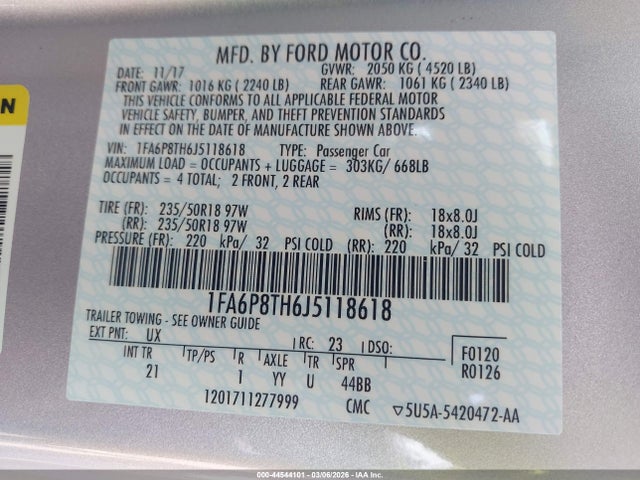Продаж на аукціоні авто 2018 Ford Mustang Ecoboost, vin: 1FA6P8TH6J5118618, номер лоту: 44544101