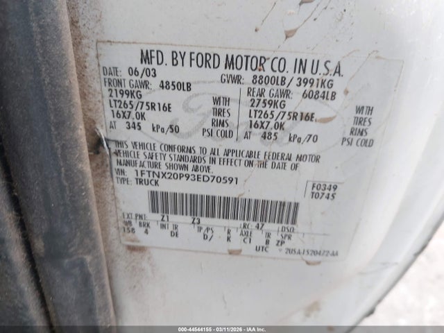 Продажа на аукционе авто 2003 Ford F-250 Lariat/xl/xlt, vin: 1FTNX20P93ED70591, номер лота: 44544155