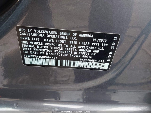 Aukcja sprzedaży 2012 Volkswagen Passat 2.5l Se, vin: 1VWBP7A35CC094477, numer aukcji: 44544190