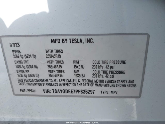 44544211 :رقم المزاد ، 7SAYGDEE7PF836297 vin ، 2023 Tesla Model Y Awd/long Range Dual Motor All-wheel Drive مزاد بيع