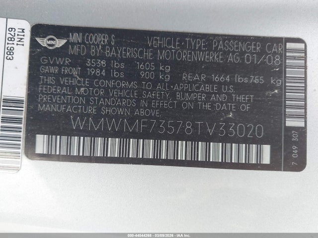 2008 MINI COOPER S WMWMF73578TV33020 Photo 8