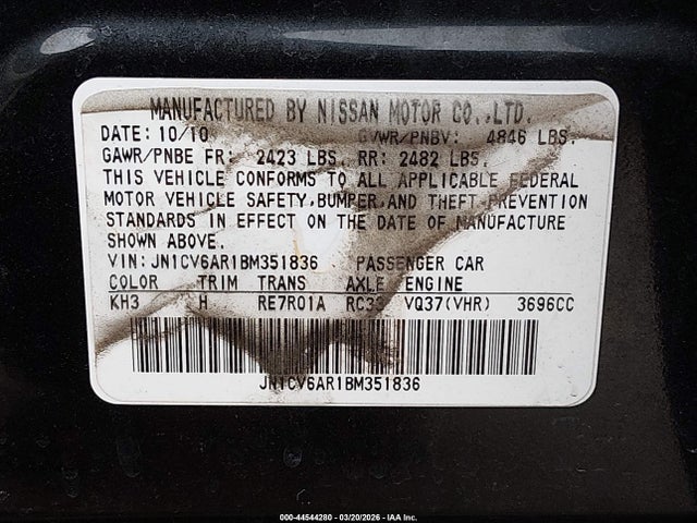 Продажа на аукционе авто 2011 Infiniti G37x, vin: JN1CV6AR1BM351836, номер лота: 44544280