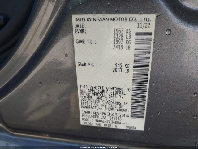Продажа на аукционе авто 2023 Nissan Altima Sv Fwd, vin: 1N4BL4DV5PN333584, номер лота: 44544284
