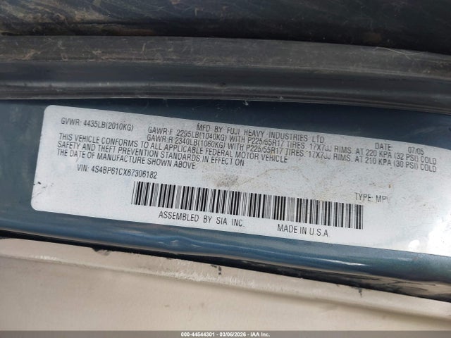 Aukcja sprzedaży 2006 Subaru Outback 2.5i, vin: 4S4BP61CX67306182, numer aukcji: 44544301