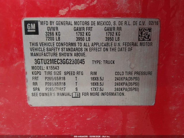 Aukcja sprzedaży 2016 Gmc Sierra 1500 Sle, vin: 3GTU2MEC3GG230045, numer aukcji: 44544308