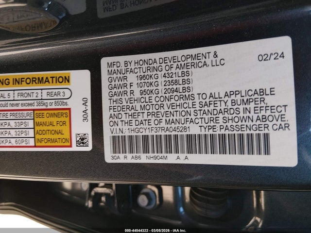 Honda ACCORD EX 2024 1HGCY1F37RA045281 Image 9
