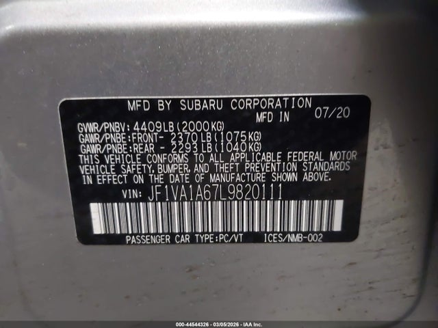 2020 Subaru Wrx მანქანა იყიდება აუქციონზე, vin: JF1VA1A67L9820111, აუქციონის ნომერი: 44544326