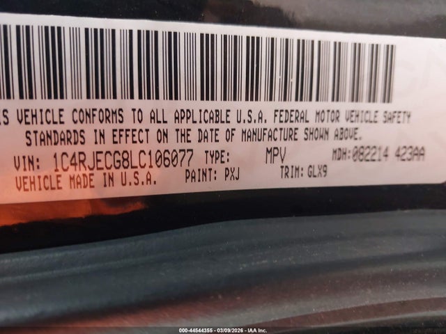 44544355 :رقم المزاد ، 1C4RJECG8LC106077 vin ، 2020 Jeep Grand Cherokee Overland 4x2 مزاد بيع