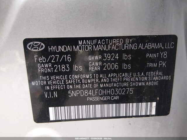 5NPD84LF0HH030275 Hyundai ELANTRA SE