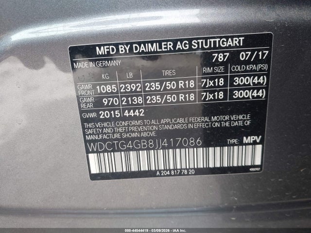 2018 Mercedes-benz Gla 250 4matic მანქანა იყიდება აუქციონზე, vin: WDCTG4GB8JJ417086, აუქციონის ნომერი: 44544419