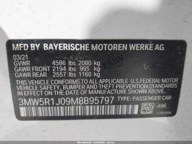 44544430 :رقم المزاد ، 3MW5R1J09M8B95797 vin ، 2021 Bmw 330i مزاد بيع
