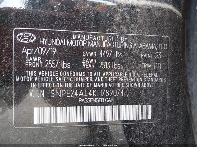 Aukcja sprzedaży 2019 Hyundai Sonata Se, vin: 5NPE24AF4KH789074, numer aukcji: 44544461