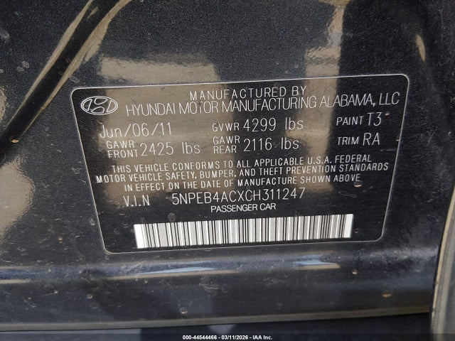 Aukcja sprzedaży 2012 Hyundai Sonata Gls, vin: 5NPEB4ACXCH311247, numer aukcji: 44544466