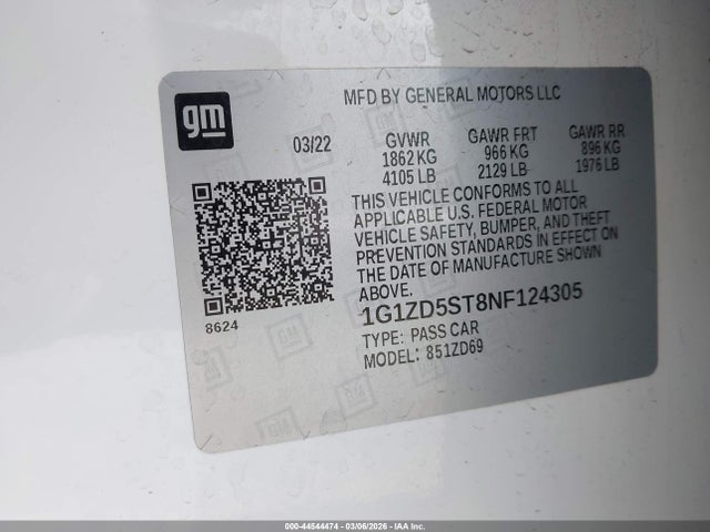 1G1ZD5ST8NF124305 Chevrolet Malibu Fwd Lt