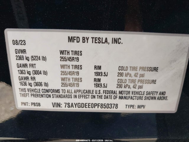 2023 Tesla Model Y Awd/long Range Dual Motor All-wheel Drive მანქანა იყიდება აუქციონზე, vin: 7SAYGDEE0PF850378, აუქციონის ნომერი: 44544475