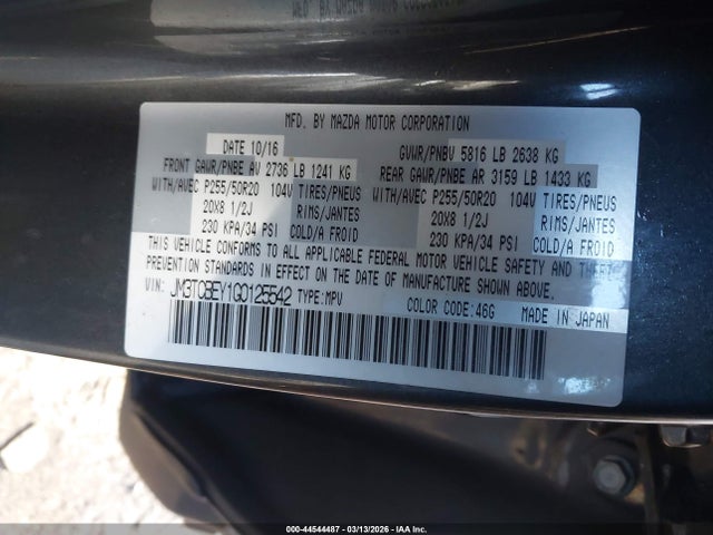 44544487 :رقم المزاد ، JM3TCBEY1G0125542 vin ، 2016 Mazda Cx-9 Signature مزاد بيع