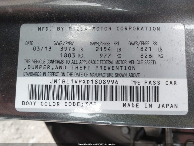 2013 Mazda Mazda3 I Touring მანქანა იყიდება აუქციონზე, vin: JM1BL1VPXD1808996, აუქციონის ნომერი: 44544494