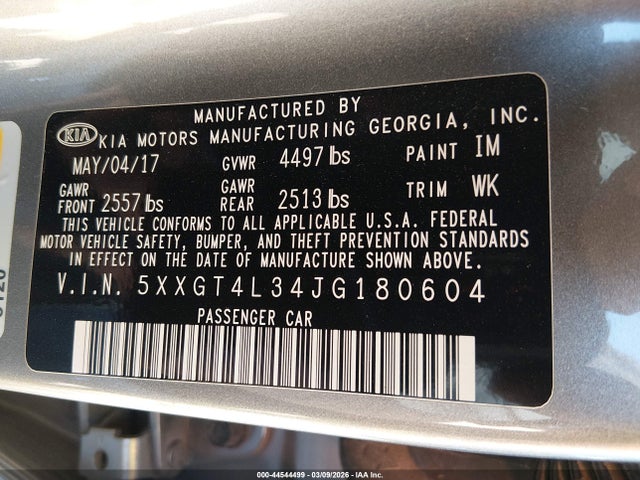 Auction sale of the 2018 Kia Optima Lx, vin: 5XXGT4L34JG180604, lot number: 44544499