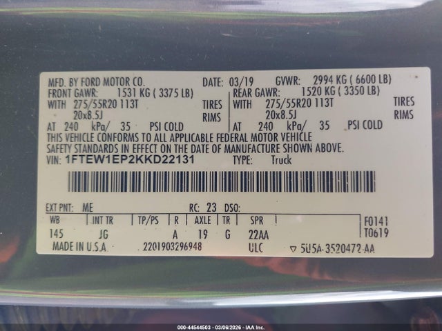 Продаж на аукціоні авто 2019 Ford F-150 Xl, vin: 1FTEW1EP2KKD22131, номер лоту: 44544503