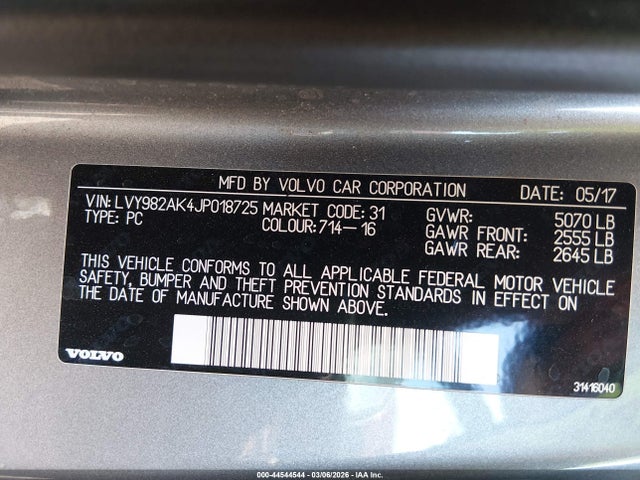 Aukcja sprzedaży 2018 Volvo S90 T5 Momentum, vin: LVY982AK4JP018725, numer aukcji: 44544544