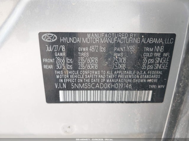 Продаж на аукціоні авто 2019 Hyundai Santa Fe Limited, vin: 5NMS5CAD0KH019146, номер лоту: 44544571