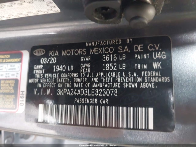 44544595 :رقم المزاد ، 3KPA24AD3LE323073 vin ، 2020 Kia Rio S مزاد بيع