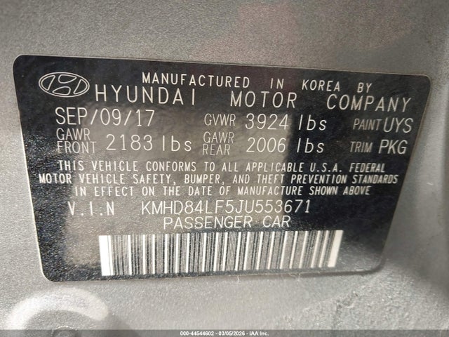 KMHD84LF5JU553671 Hyundai Elantra Value Edition