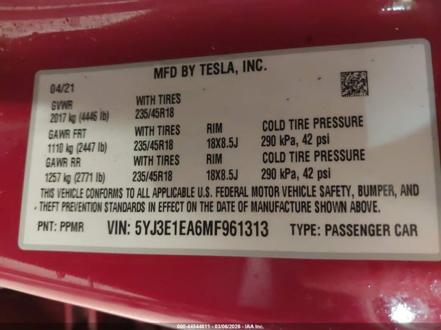 Aukcja sprzedaży 2021 Tesla Model 3 Standard Range Plus Rear-wheel Drive, vin: 5YJ3E1EA6MF961313, numer aukcji: 44544611