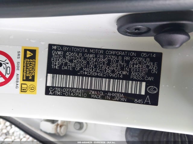 Aukcja sprzedaży 2014 Lexus Ct 200h, vin: JTHKD5BH6E2199014, numer aukcji: 44544629