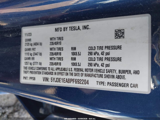 Продаж на аукціоні авто 2023 Tesla Model 3 Rear-wheel Drive, vin: 5YJ3E1EA8PF692204, номер лоту: 44544650
