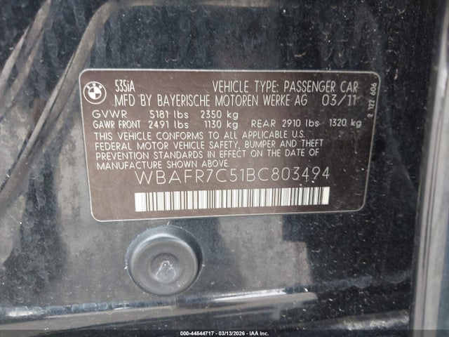 44544717 :رقم المزاد ، WBAFR7C51BC803494 vin ، 2011 Bmw 535i مزاد بيع