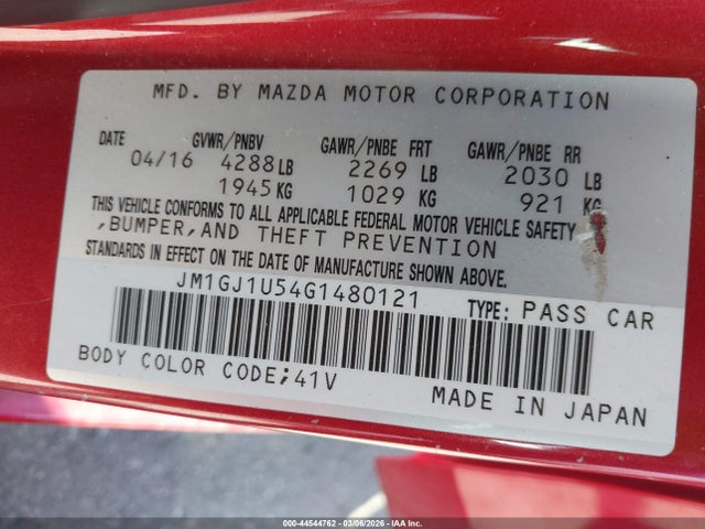 Продажа на аукционе авто 2016 Mazda Mazda6 I Sport, vin: JM1GJ1U54G1480121, номер лота: 44544762