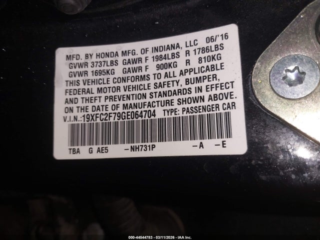 2016 Honda Civic Ex მანქანა იყიდება აუქციონზე, vin: 19XFC2F79GE064704, აუქციონის ნომერი: 44544783