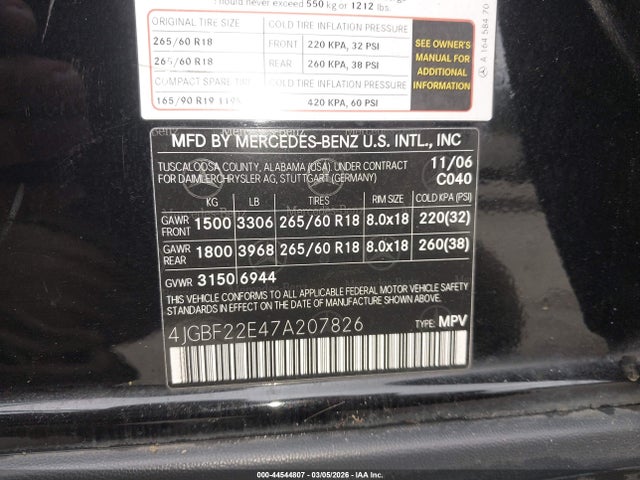 44544807 :رقم المزاد ، 4JGBF22E47A207826 vin ، 2007 Mercedes-benz Gl 320 Cdi 4matic مزاد بيع