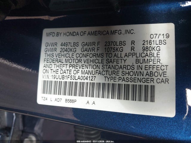 44544843 :رقم المزاد ، 19UUB1F53LA004127 vin ، 2020 Acura Tlx Tech Package مزاد بيع